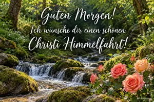 Bach im Wald mit Rosen am Ufer, Text: Guten Morgen! – Ich wünsche dir einen schönen Christi Himmelfahrt!