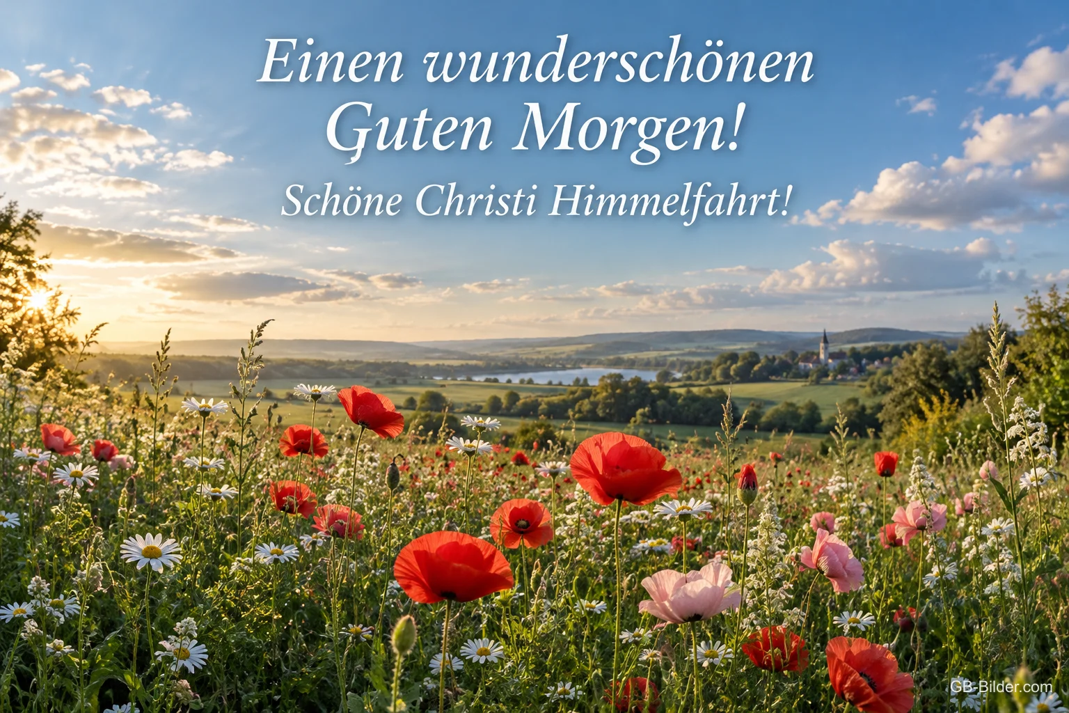 Mohnblumenwiese im Morgenlicht über einem Tal, Text: Einen wunderschönen Guten Morgen! – Schöne Christi Himmelfahrt!