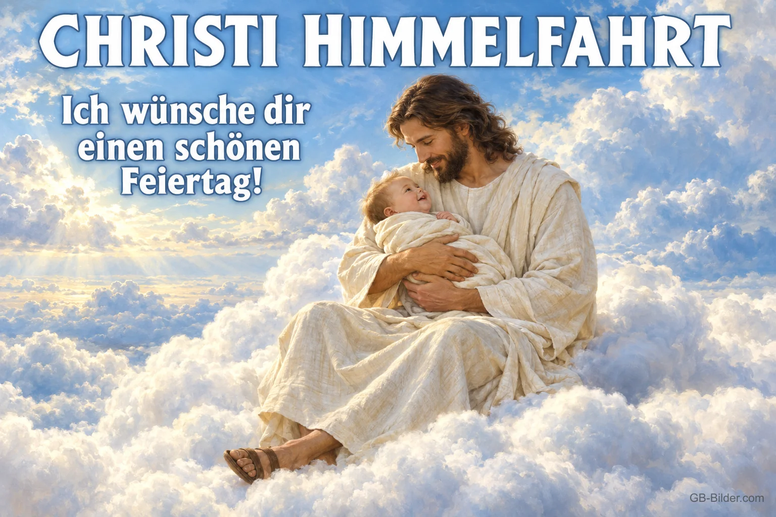 Jesus hält ein Kind auf Wolken im Himmelslicht, Text: CHRISTI HIMMELFAHRT – Ich wünsche dir einen schönen Feiertag!