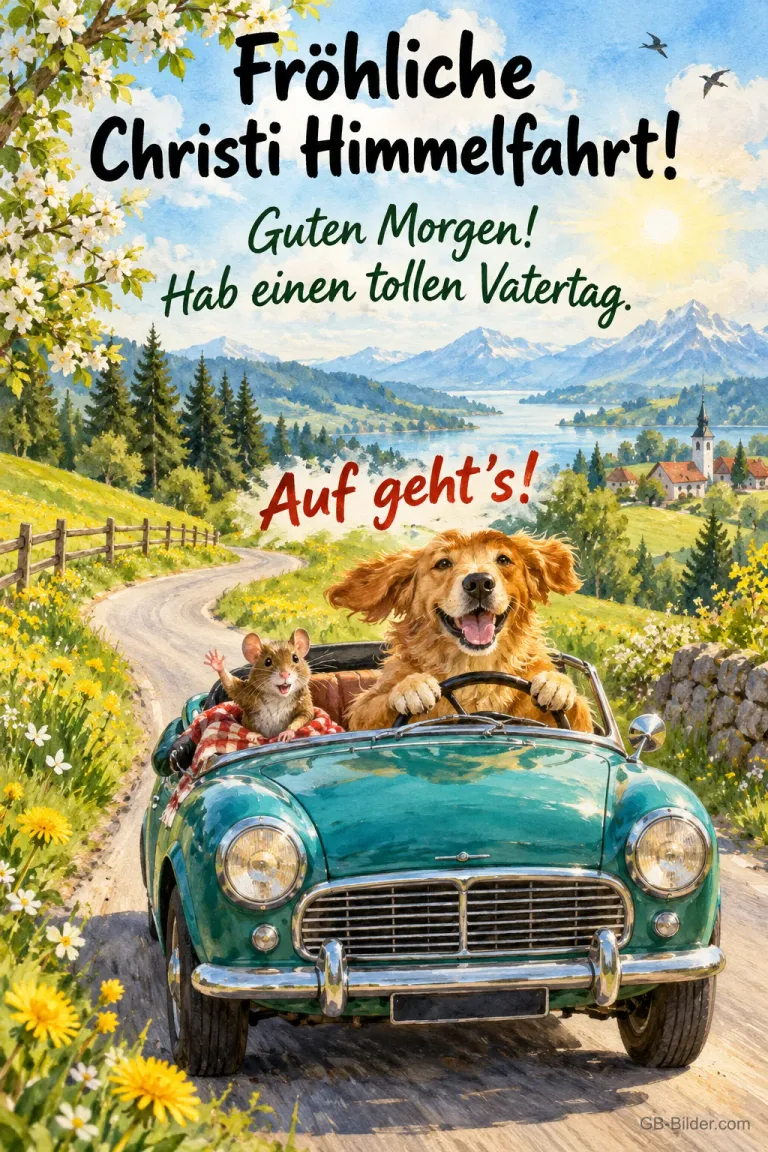 Golden Retriever fährt mit einer Maus im Cabrio durch eine Berglandschaft, Text: Fröhliche Christi Himmelfahrt! – Guten Morgen! Hab einen tollen Vatertag. Auf geht's!