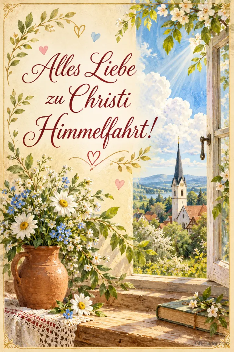 Wiesenblumen in einem Krug am offenen Fenster mit Blick auf eine Kirche, Text: Alles Liebe zu Christi Himmelfahrt!
