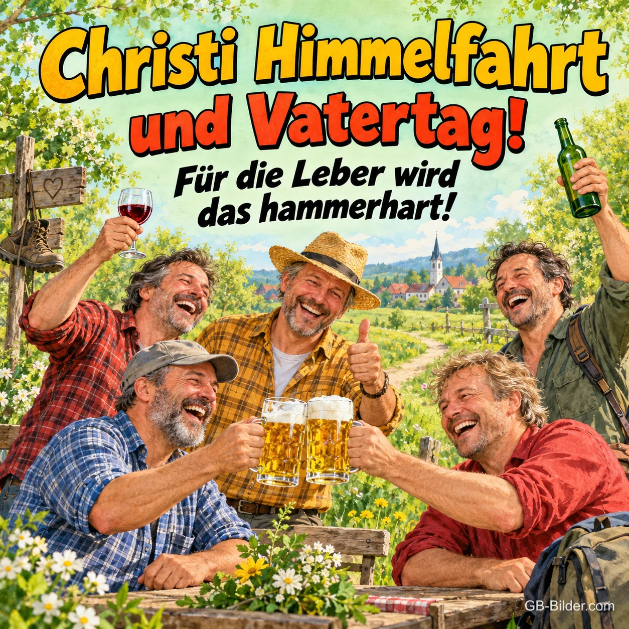Lachende Männer stoßen mit Bier und Wein in einem Garten an, Text: Christi Himmelfahrt und Vatertag! – Für die Leber wird das hammerhart!
