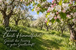 Blühende Apfelbäume auf einer Obstwiese, Text: Schöne Christi Himmelfahrt! – Genieß den Feiertag in guter Gesellschaft!