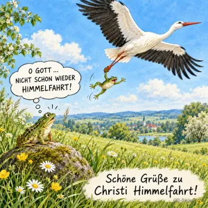 Storch fliegt mit einem Frosch, ein zweiter Frosch schaut entsetzt zu, Text: O Gott … nicht schon wieder Himmelfahrt! – Schöne Grüße zu Christi Himmelfahrt!