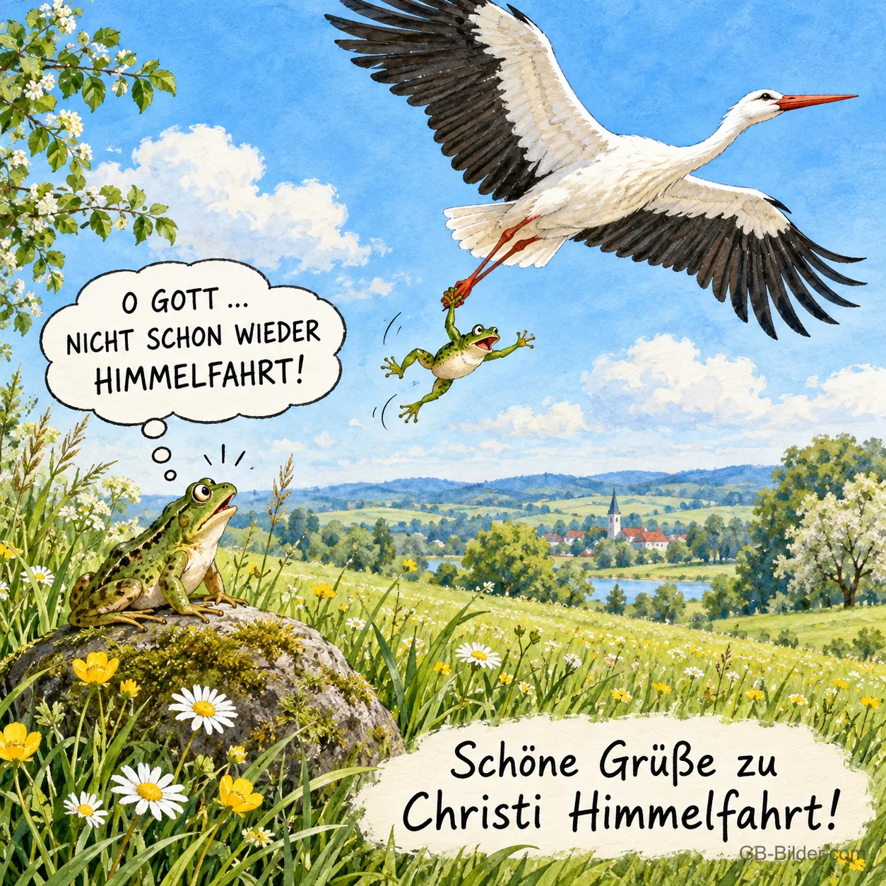 Storch fliegt mit einem Frosch, ein zweiter Frosch schaut entsetzt zu, Text: O Gott … nicht schon wieder Himmelfahrt! – Schöne Grüße zu Christi Himmelfahrt!