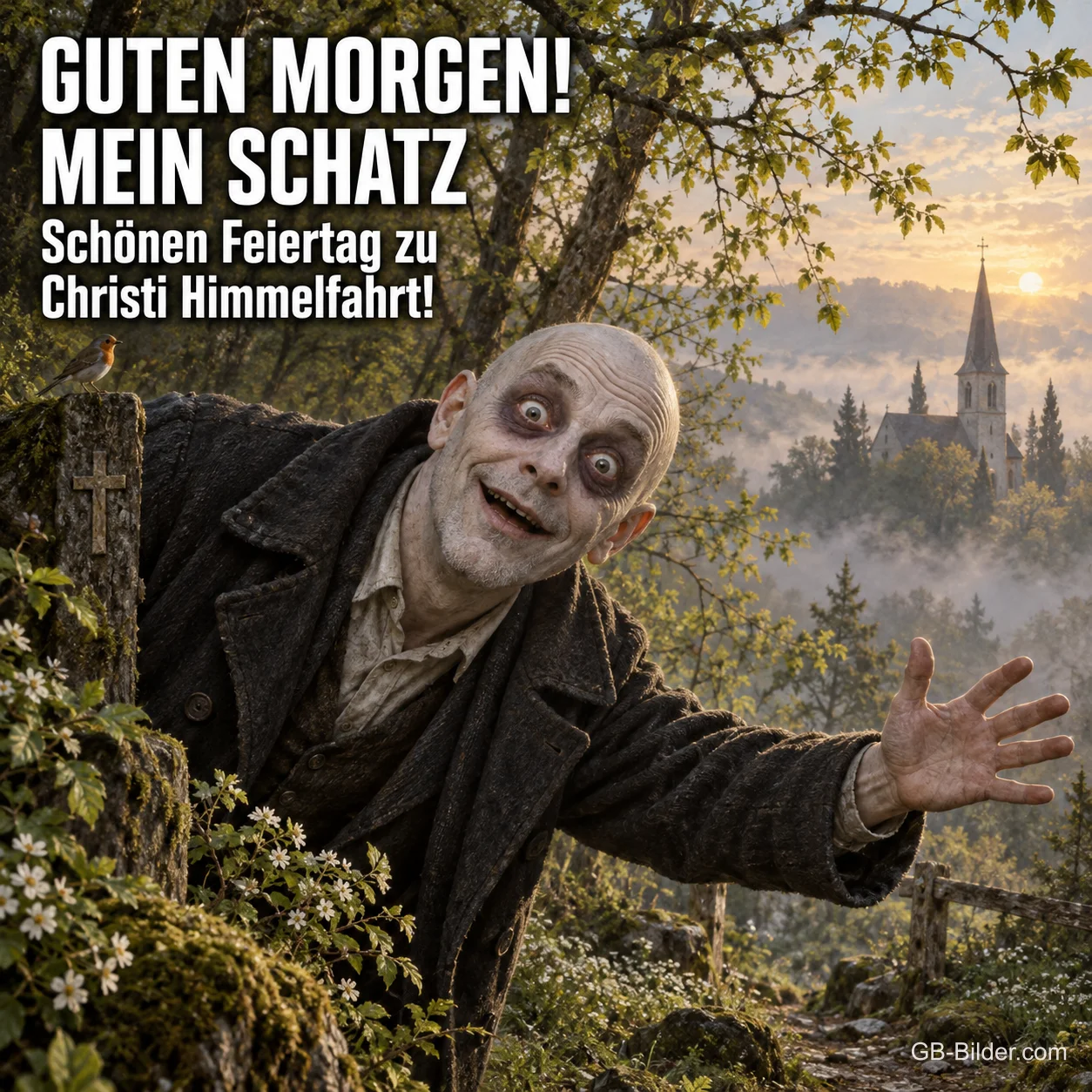 Bleicher Mann mit dunklen Augenringen grinst im Wald, Text: GUTEN MORGEN! MEIN SCHATZ – Schönen Feiertag zu Christi Himmelfahrt!