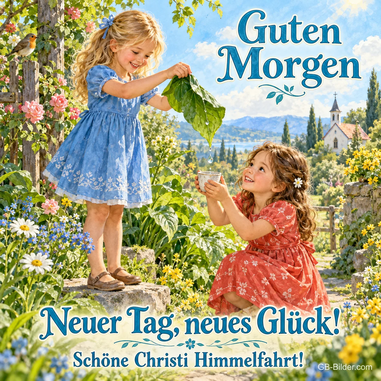 Zwei Mädchen spielen mit einem Blatt im Blumengarten, Text: Guten Morgen – Neuer Tag, neues Glück! Schöne Christi Himmelfahrt!
