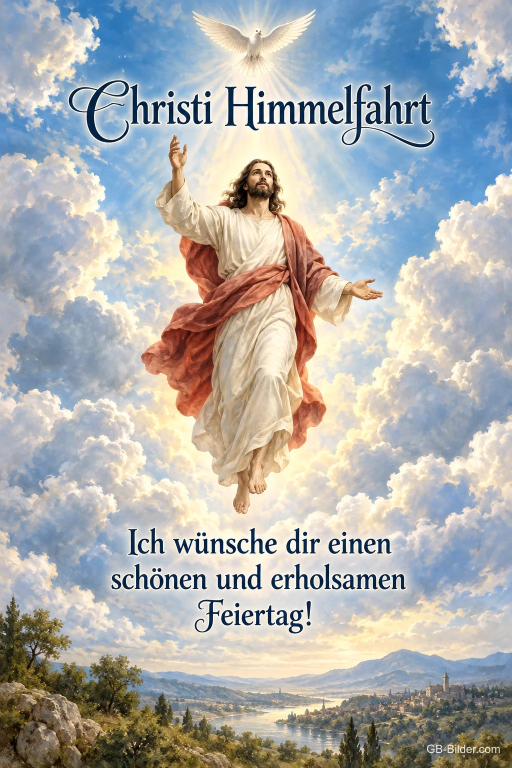 Jesus steigt mit ausgebreiteten Armen in den Himmel auf, Text: Christi Himmelfahrt – Ich wünsche dir einen schönen und erholsamen Feiertag!