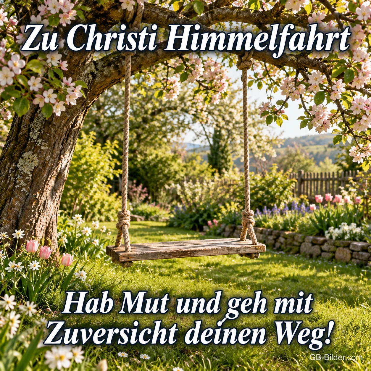 Holzschaukel unter einem blühenden Baum im Garten, Text: Zu Christi Himmelfahrt – Hab Mut und geh mit Zuversicht deinen Weg!
