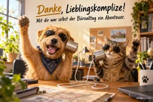 Hund und Katze mit Sonnenbrillen telefonieren mit Dosentelefon im Büro, Text: Danke, Lieblingskomplize! – Mit dir war selbst der Büroalltag ein Abenteuer.