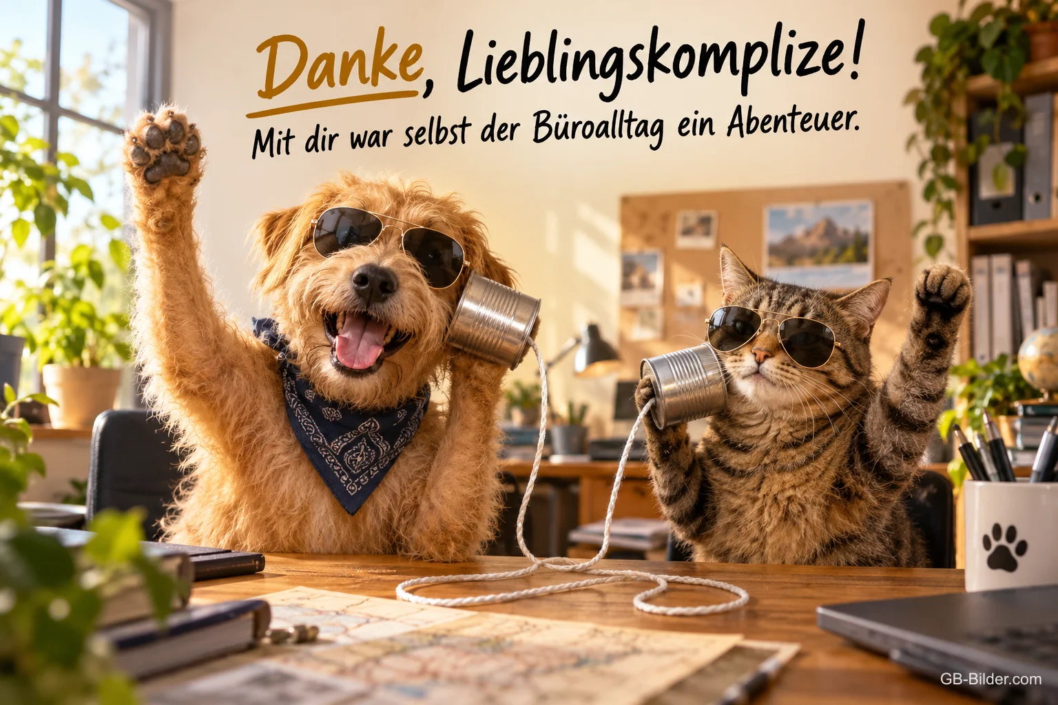 Hund und Katze mit Sonnenbrillen telefonieren mit Dosentelefon im Büro, Text: Danke, Lieblingskomplize! – Mit dir war selbst der Büroalltag ein Abenteuer. Hund und Katze mit Sonnenbrillen telefonieren mit Dosentelefon im Büro, Text: Danke, Lieblingskomplize! – Mit dir war selbst der Büroalltag ein Abenteuer.