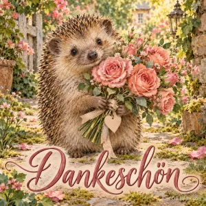 Igel trägt einen Rosenstrauß durch einen Garten, Text: Dankeschön