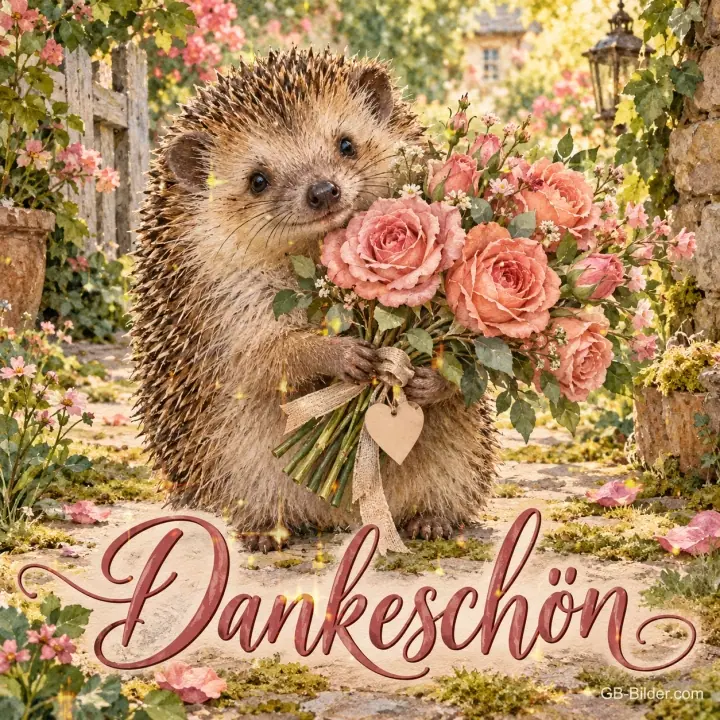 Igel trägt einen Rosenstrauß durch einen Garten, Text: Dankeschön Igel trägt einen Rosenstrauß durch einen Garten, Text: Dankeschön