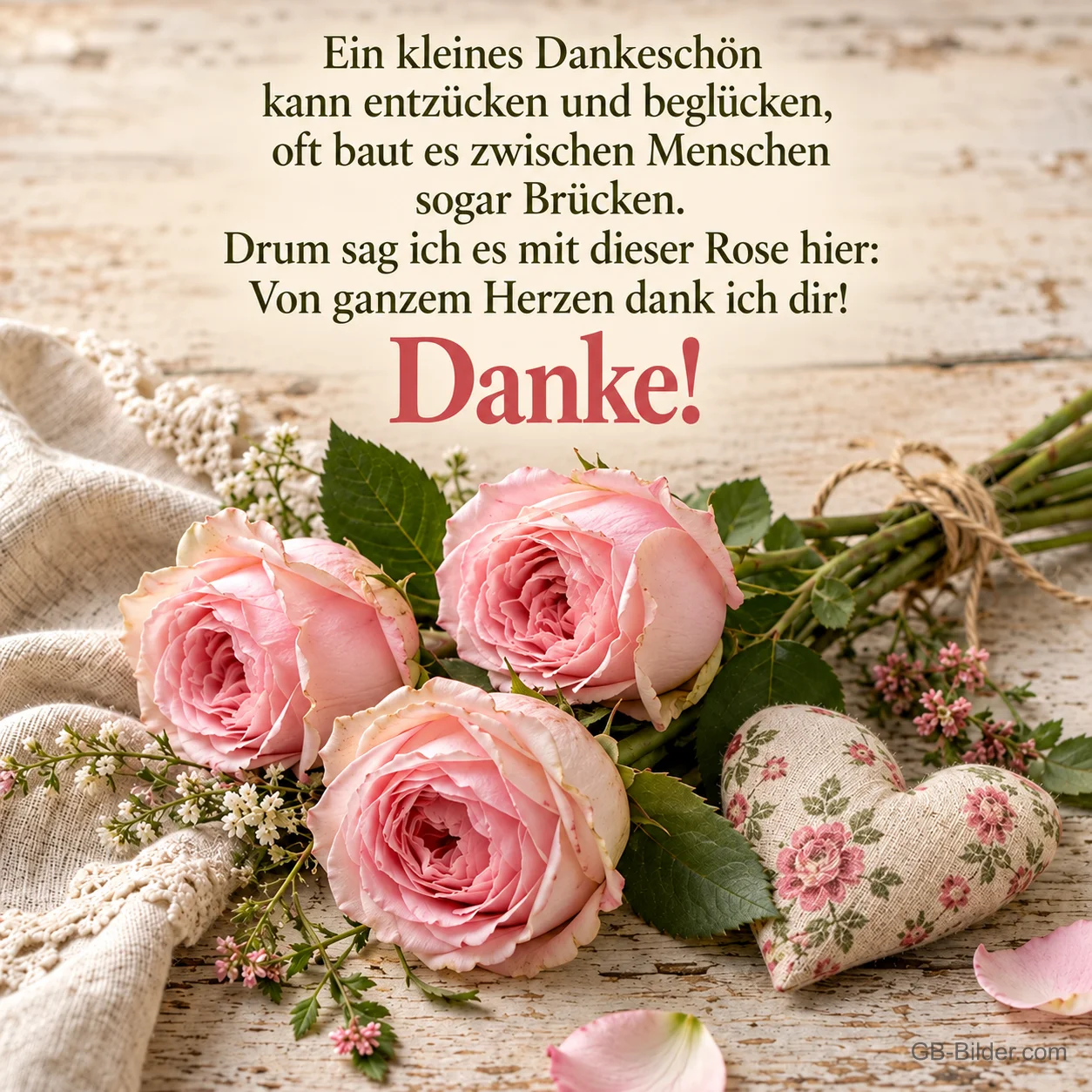 Rosa Rosen und Stoffherz auf einem Holztisch, Text: Ein kleines Dankeschön kann entzücken und beglücken, oft baut es zwischen Menschen sogar Brücken. Drum sag ich es mit dieser Rose hier: Von ganzem Herzen dank ich dir! Danke! Rosa Rosen und Stoffherz auf einem Holztisch, Text: Ein kleines Dankeschön kann entzücken und beglücken, oft baut es zwischen Menschen sogar Brücken. Drum sag ich es mit dieser Rose hier: Von ganzem Herzen dank ich dir! Danke!