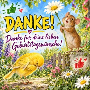 Maus mit Margerite und gelber Vogel in einem Blumengarten, Text: DANKE! – Danke für deine lieben Geburtstagswünsche!