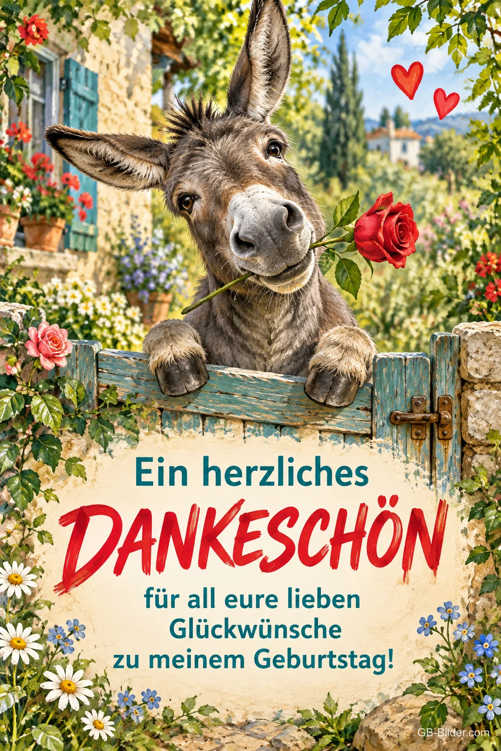 Esel mit Rose im Maul schaut über ein Gartentor, Text: Ein herzliches DANKESCHÖN – für all eure lieben Glückwünsche zu meinem Geburtstag! Esel mit Rose im Maul schaut über ein Gartentor, Text: Ein herzliches DANKESCHÖN – für all eure lieben Glückwünsche zu meinem Geburtstag!