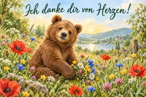 Bär sitzt in einer Wiese mit Mohn und Kornblumen, Text: Ich danke dir von Herzen!
