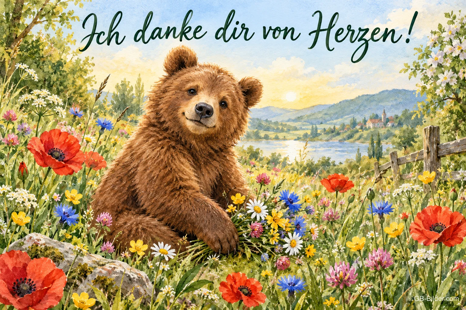Bär sitzt in einer Wiese mit Mohn und Kornblumen, Text: Ich danke dir von Herzen! Bär sitzt in einer Wiese mit Mohn und Kornblumen, Text: Ich danke dir von Herzen!