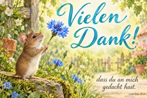 Maus hält eine Kornblume im Garten, Text: Vielen Dank! – dass du an mich gedacht hast.