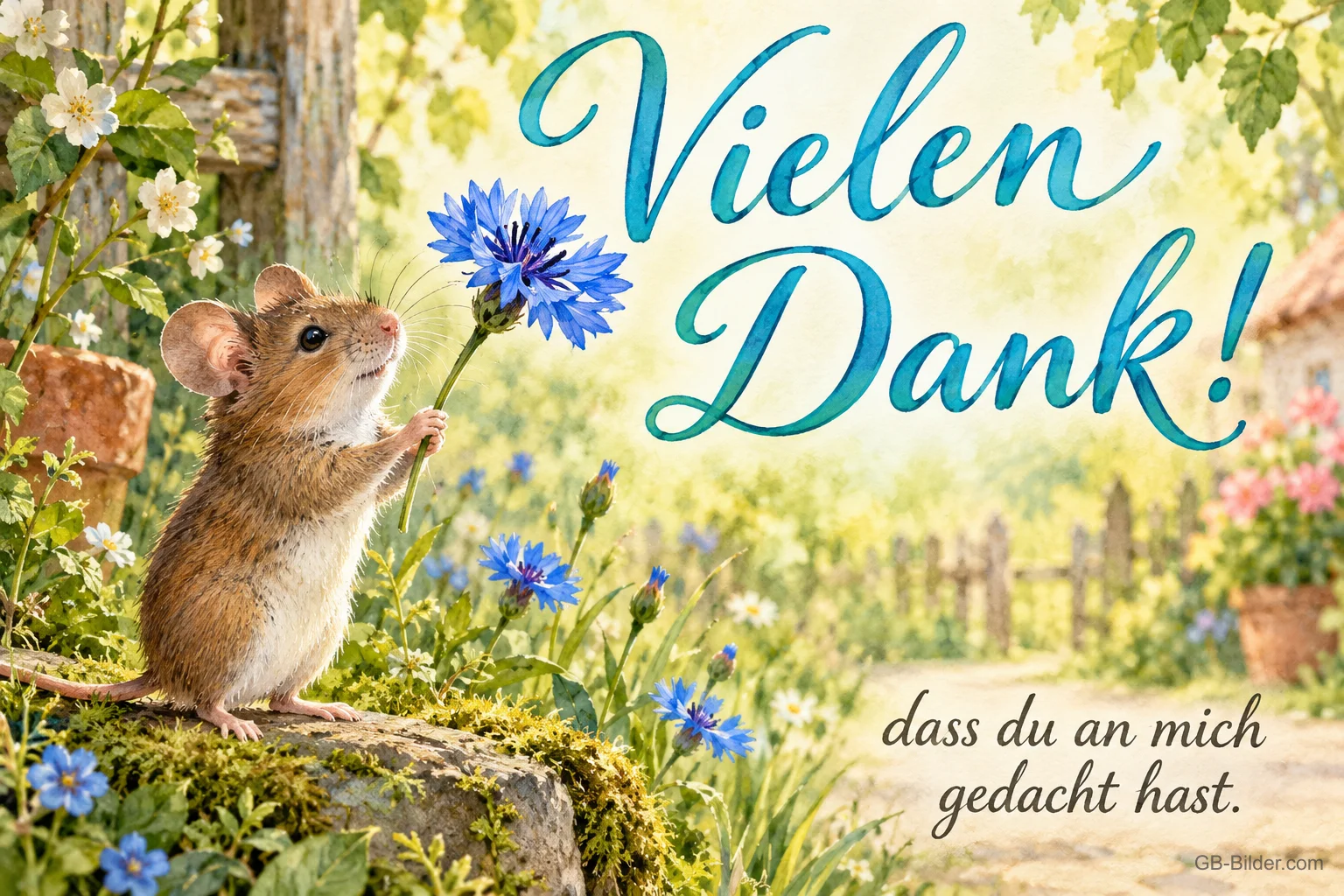 Maus hält eine Kornblume im Garten, Text: Vielen Dank! – dass du an mich gedacht hast. Maus hält eine Kornblume im Garten, Text: Vielen Dank! – dass du an mich gedacht hast.