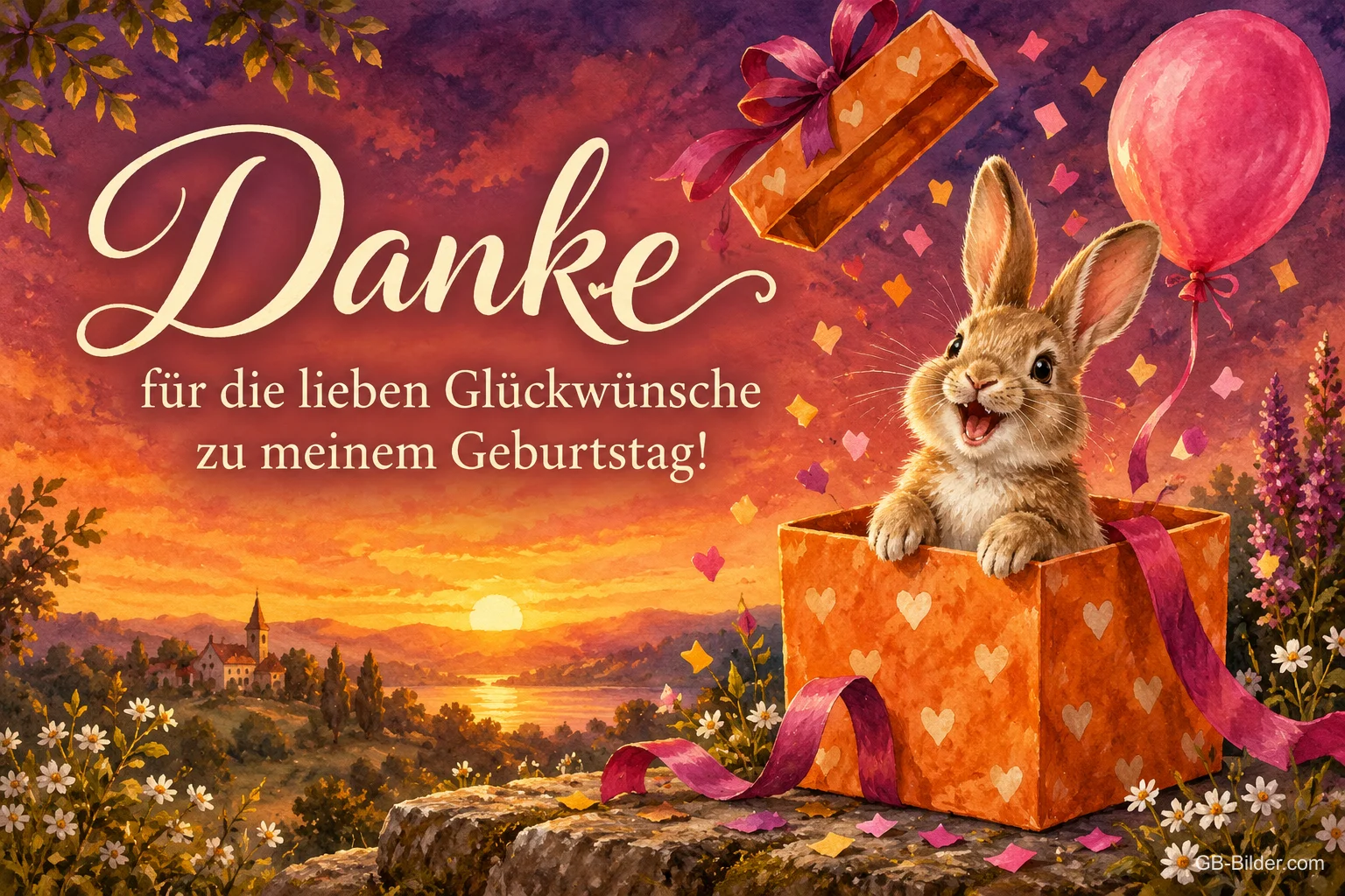 Hase schaut aus einem Geschenkkarton mit Ballon und Konfetti, Text: Danke – für die lieben Glückwünsche zu meinem Geburtstag! Hase schaut aus einem Geschenkkarton mit Ballon und Konfetti, Text: Danke – für die lieben Glückwünsche zu meinem Geburtstag!