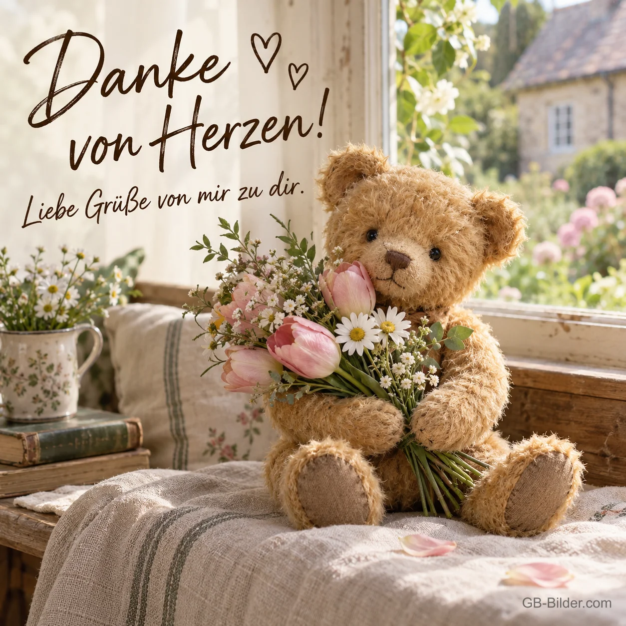 Teddybär mit Blumenstrauß am Fenster, Text: Danke von Herzen! Liebe Grüße von mir zu dir. Teddybär mit Blumenstrauß am Fenster, Text: Danke von Herzen! Liebe Grüße von mir zu dir.