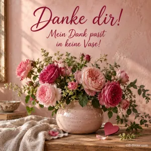 Rosenstrauß in einer Vase, Text: Danke dir! Mein Dank passt in keine Vase!