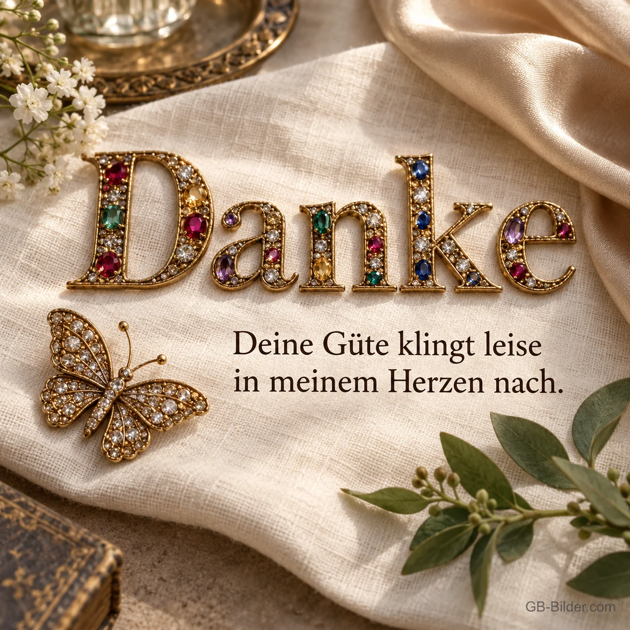 Edelsteinschrift und Schmetterlingsbrosche auf Seide, Text: Danke – Deine Güte klingt leise in meinem Herzen nach. Edelsteinschrift und Schmetterlingsbrosche auf Seide, Text: Danke – Deine Güte klingt leise in meinem Herzen nach.