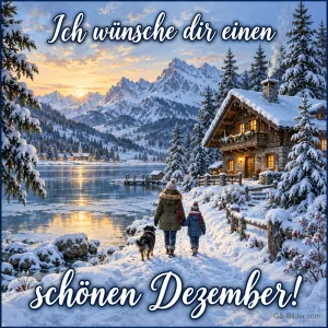 Spaziergänger mit Hund vor einer verschneiten Hütte am Bergsee, Text: Ich wünsche dir einen – schönen Dezember!