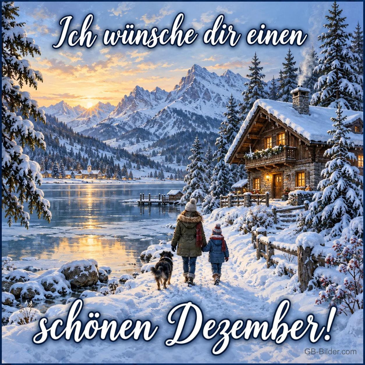 Spaziergänger mit Hund vor einer verschneiten Hütte am Bergsee, Text: Ich wünsche dir einen – schönen Dezember!
