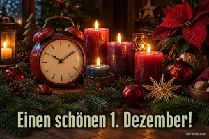 Roter Wecker neben brennenden Kerzen und Weihnachtsstern, Text: Einen schönen 1. Dezember!