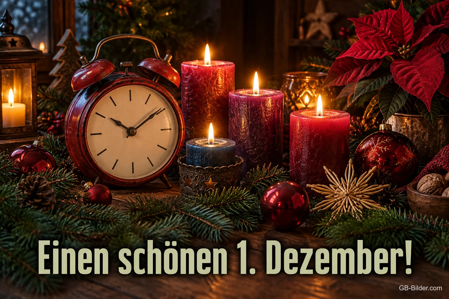 Roter Wecker neben brennenden Kerzen und Weihnachtsstern, Text: Einen schönen 1. Dezember!