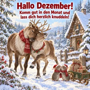 Zwei Rentiere kuscheln im Schnee, zwei Mäuse mit Mützen, Text: Hallo Dezember! – Komm gut in den Monat und lass dich herzlich knuddeln!