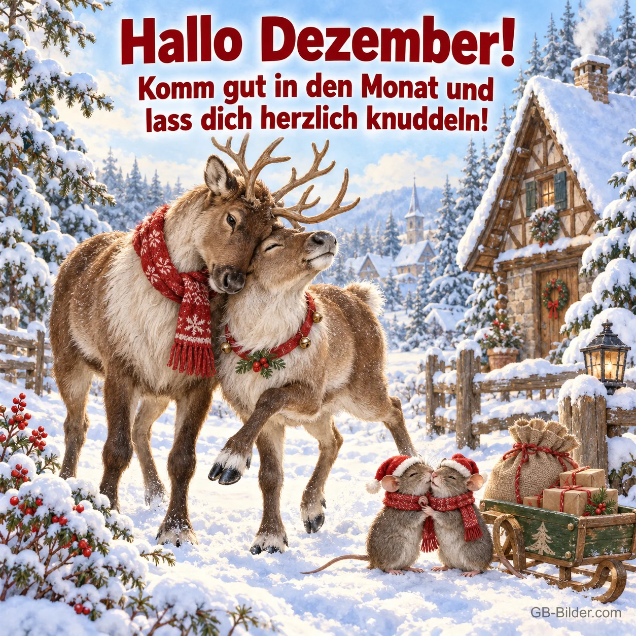 Zwei Rentiere kuscheln im Schnee, zwei Mäuse mit Mützen, Text: Hallo Dezember! – Komm gut in den Monat und lass dich herzlich knuddeln!