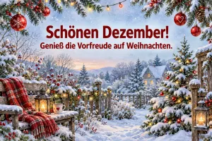 Gartenbank mit Decke, Laternen und Tannenbaum im Schnee, Text: Schönen Dezember! – Genieß die Vorfreude auf Weihnachten.