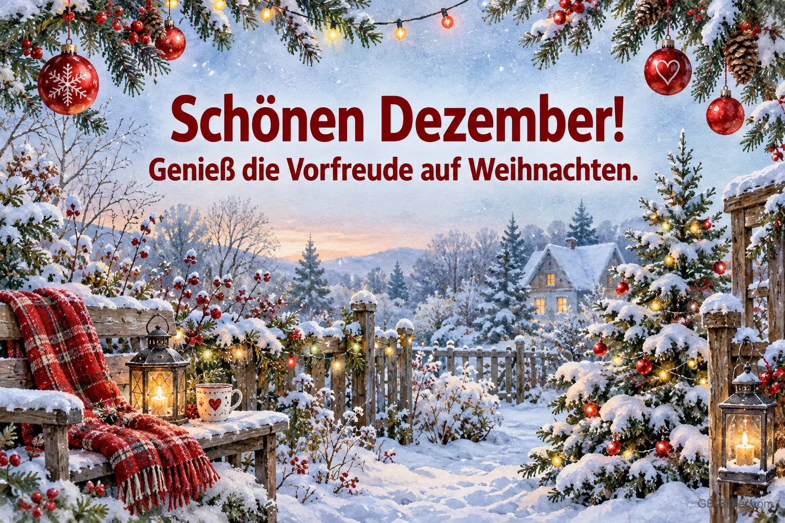 Gartenbank mit Decke, Laternen und Tannenbaum im Schnee, Text: Schönen Dezember! – Genieß die Vorfreude auf Weihnachten.