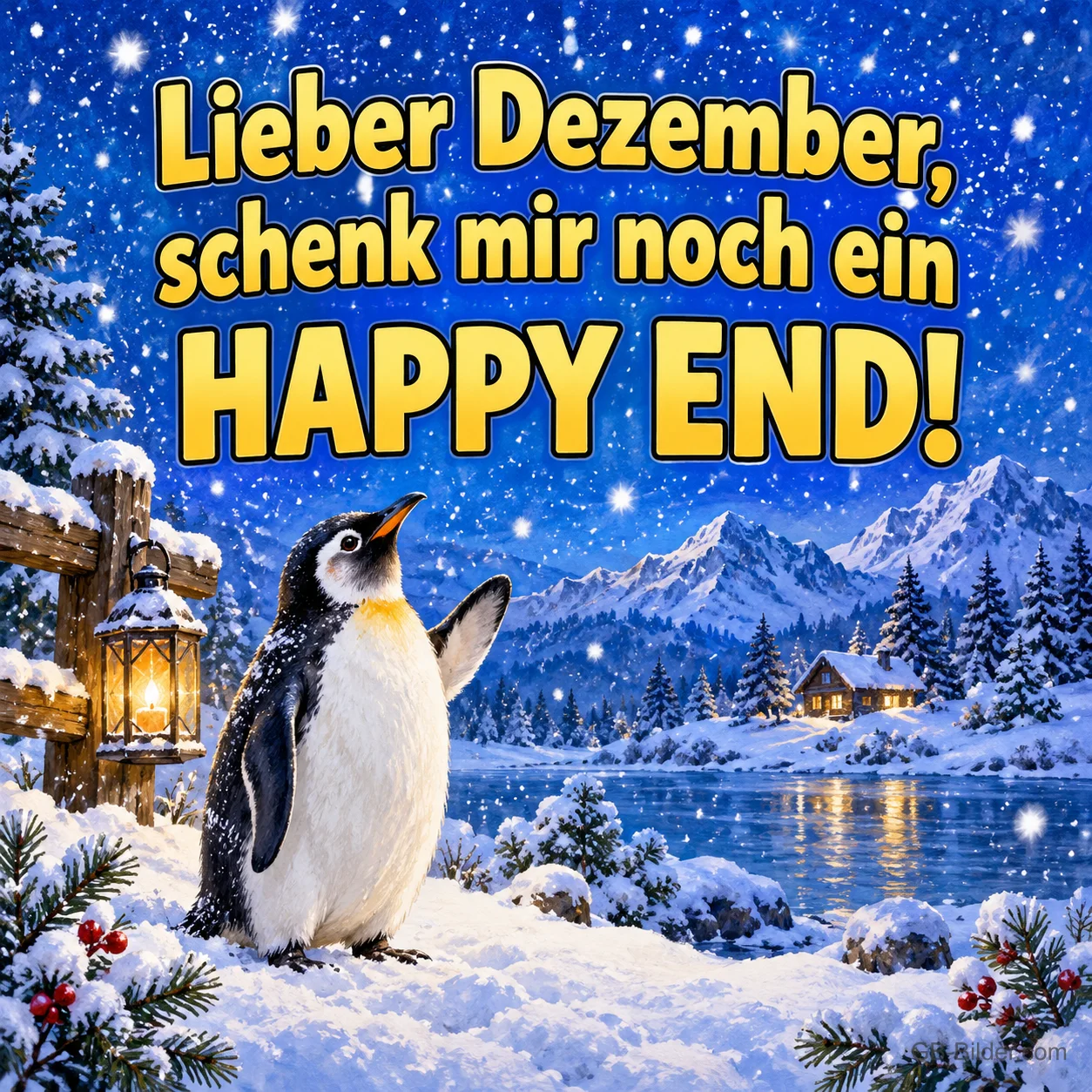 Pinguin steht im verschneiten Winterwald am See, Text: Lieber Dezember, – schenk mir noch ein HAPPY END!