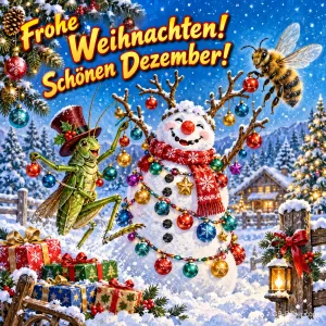 Schneemann mit Kugeln, Grashüpfer mit Zylinder und Biene im Winterdorf, Text: Frohe Weihnachten! Schönen Dezember!