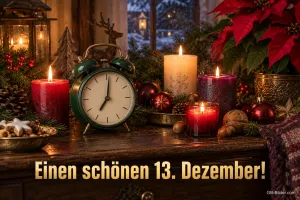 Wecker zwischen Kerzen und Weihnachtsstern, Text: Einen schönen 13. Dezember!