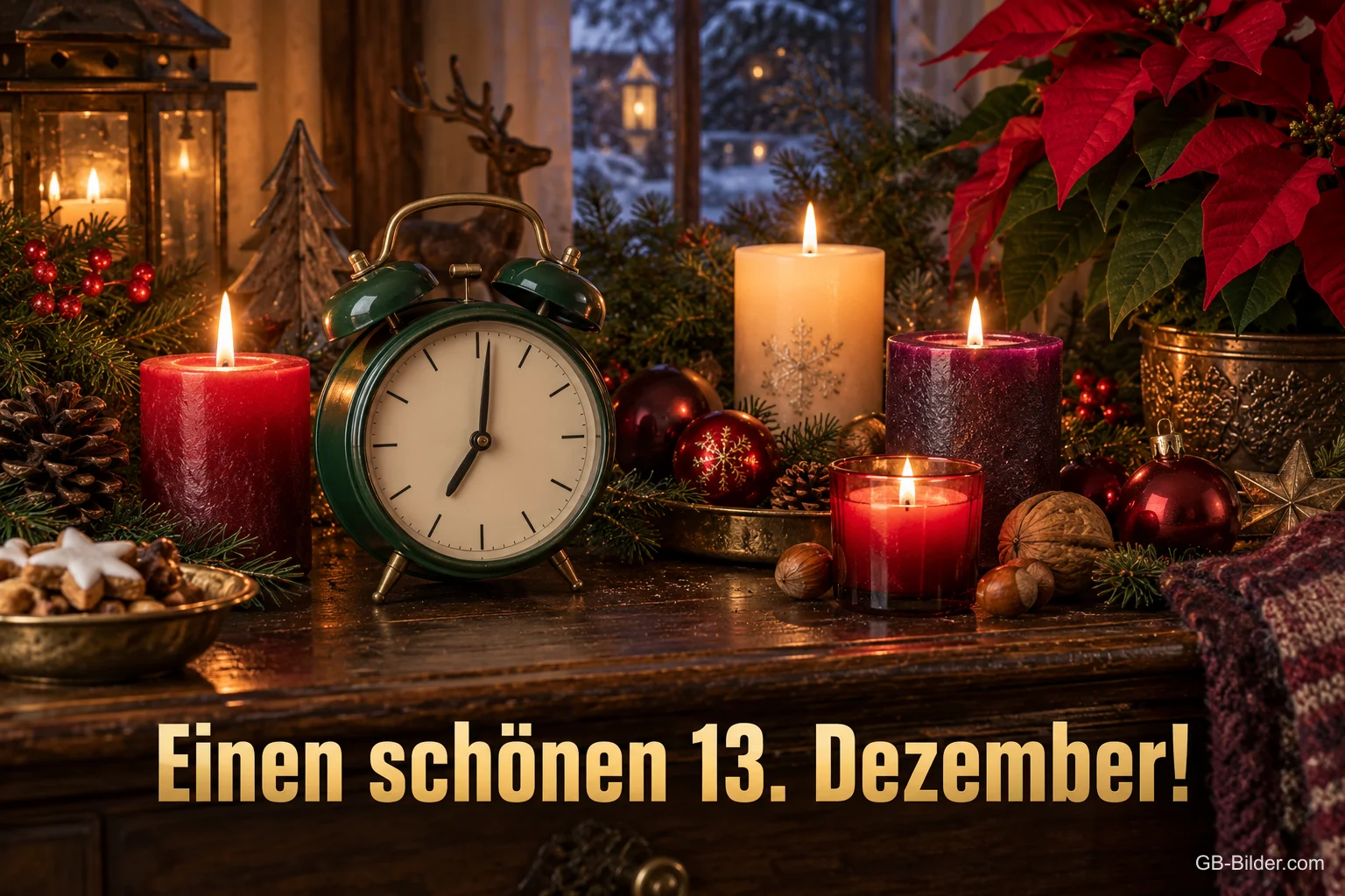 Wecker zwischen Kerzen und Weihnachtsstern, Text: Einen schönen 13. Dezember!
