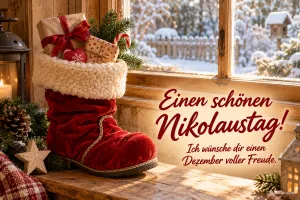 Roter Nikolausstiefel mit Geschenken am Fenster, Text: Einen schönen Nikolaustag! – Ich wünsche dir einen Dezember voller Freude.