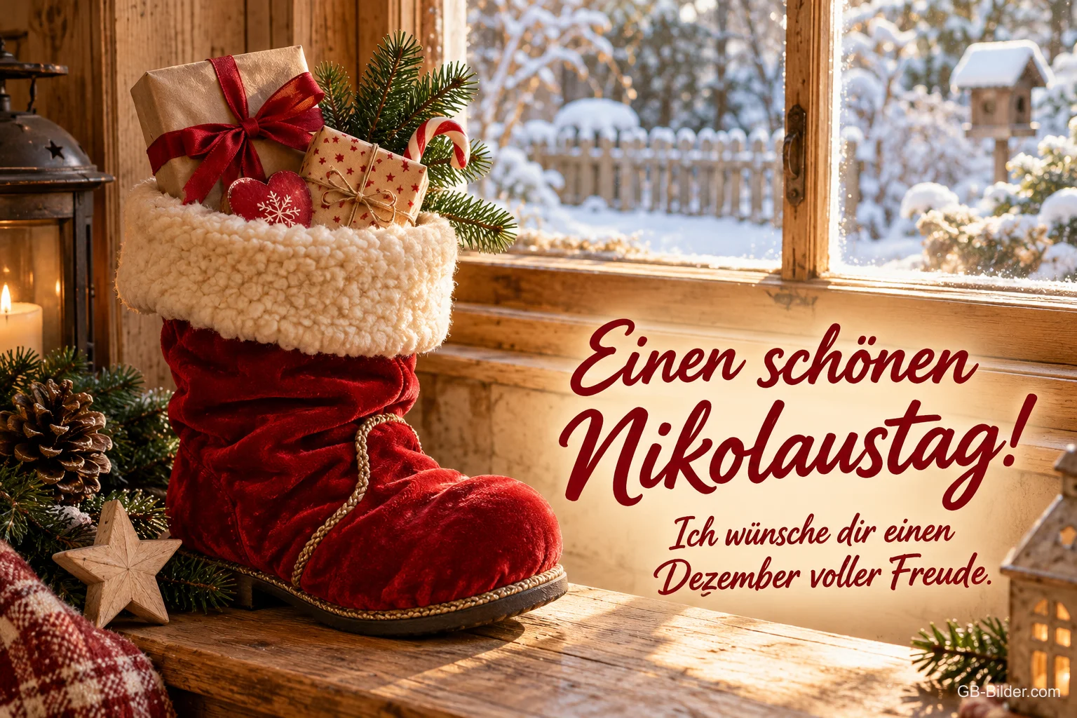 Roter Nikolausstiefel mit Geschenken am Fenster, Text: Einen schönen Nikolaustag! – Ich wünsche dir einen Dezember voller Freude.
