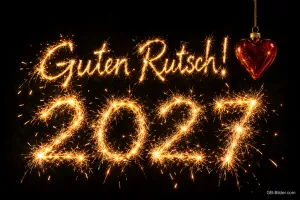 Jahreszahl und Schrift aus Wunderkerzenfunken, rotes Herz, Text: Guten Rutsch! – 2027