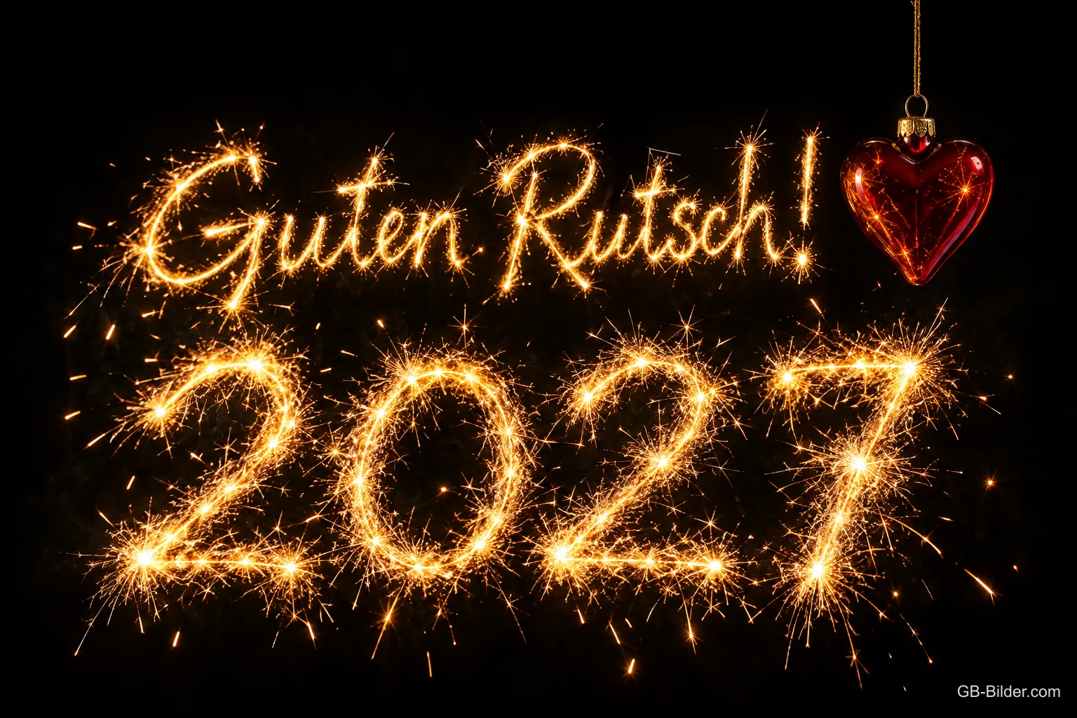 Jahreszahl und Schrift aus Wunderkerzenfunken, rotes Herz, Text: Guten Rutsch! – 2027 Jahreszahl und Schrift aus Wunderkerzenfunken, rotes Herz, Text: Guten Rutsch! – 2027