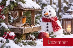 Rotkehlchen am Futterhaus neben einem Schneemann mit Schal, Text: Dezember