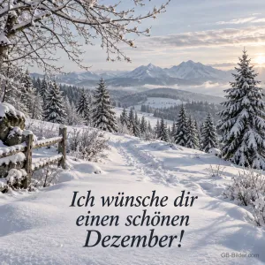 Verschneiter Weg mit Zaun und Tannen vor Bergen, Text: Ich wünsche dir einen schönen Dezember!