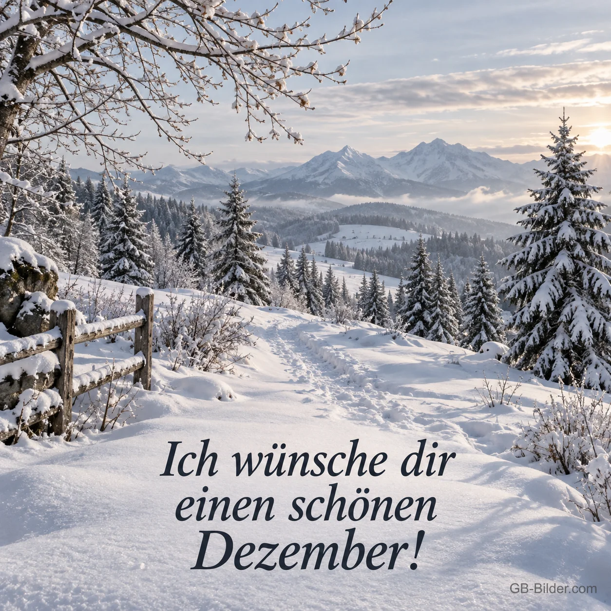 Verschneiter Weg mit Zaun und Tannen vor Bergen, Text: Ich wünsche dir einen schönen Dezember!