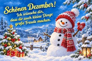 Schneemann mit Strickmütze vor Tannenbaum und Geschenken, Text: Schönen Dezember! – Ich wünsche dir, dass dir auch kleine Dinge große Freude machen.