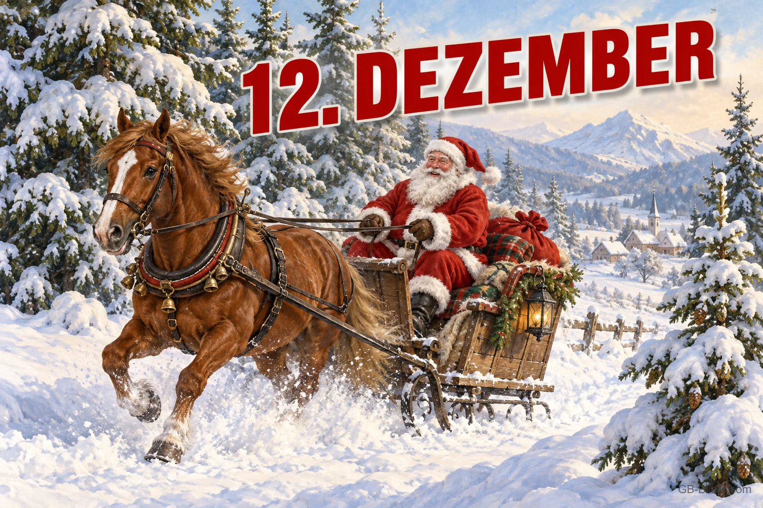 Weihnachtsmann fährt im Pferdeschlitten durch eine Winterlandschaft, Text: 12. DEZEMBER