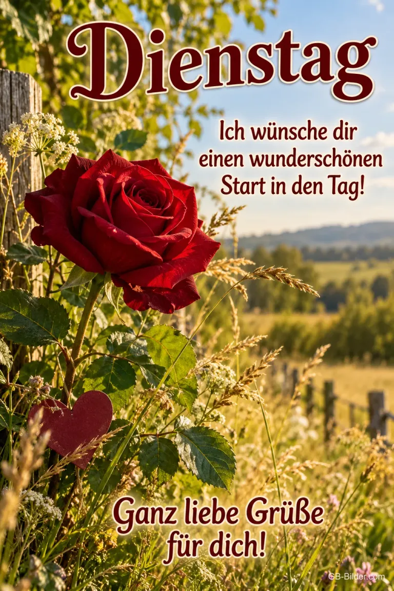 Rote Rose am Zaun vor einer sommerlichen Landschaft, Text: Dienstag – Ich wünsche dir einen wunderschönen Start in den Tag! Ganz liebe Grüße für dich!